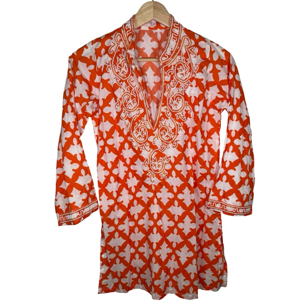 Barbara Gerwit Orange and White beaded Women's Tunic xs cotton #124